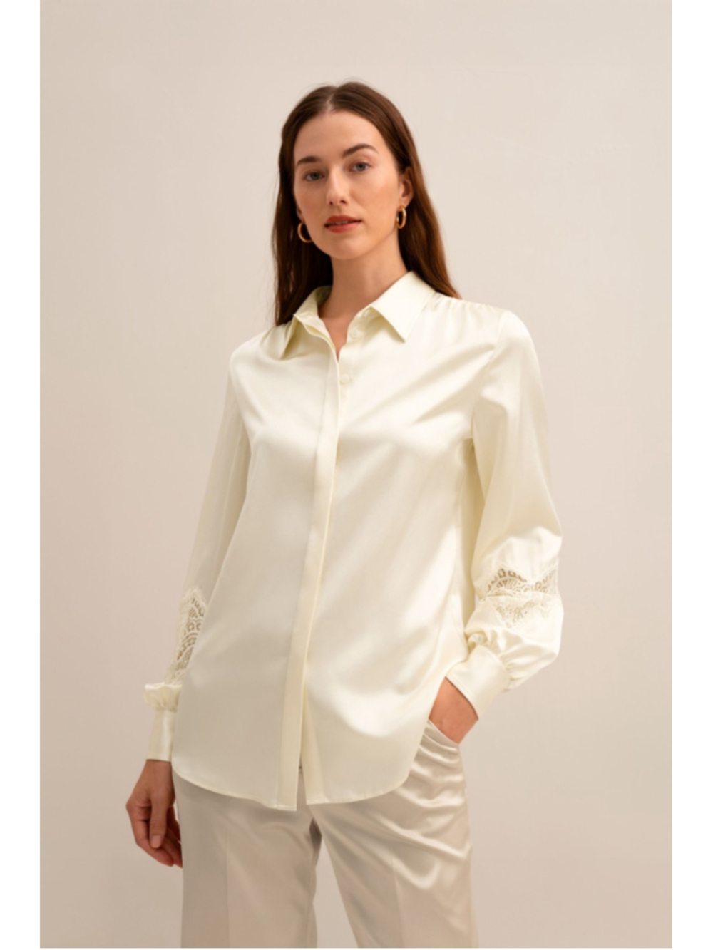 LilySilk Armeria Mulberry Silk Shirt Blouse Sz L Ivory Lace Luxury Elegant